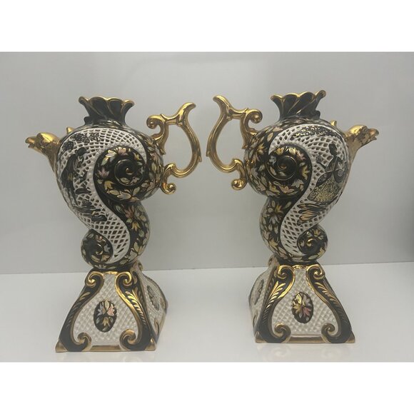 Pair of gilded Rococo majolica decor ewers lamps reticulated hand painted Italy - Picture 5 of 16
